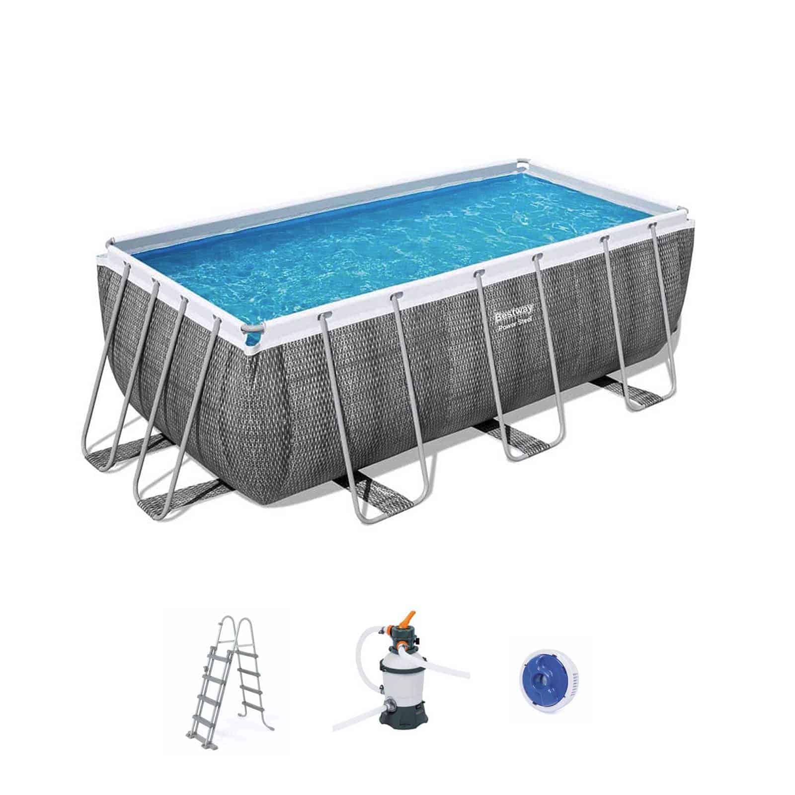 Conjunto de Piscina Desmontable de Ratán Gris Power Steel de 4,12 m x 2,01 m x 1,22 m con depuradora de arena